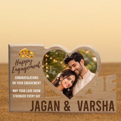 Gift Me Bazar Personalized Happy Engagement Wooden Plaque Customized Couple’s Photo Frame with Names & Heart Cutout  Romantic Engagement Gift for Wife, Husband, or Fiancé